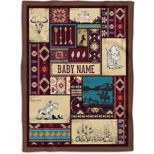 Western Baby Stuff, Personalized Baby Blankets for Boys, Fleece Blanket for Girl, Custom Name Baby Blanket, Western Nursery Decorations, for Family Friends (W08)