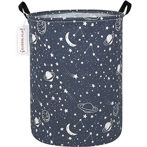 QUEENLALA Large Storage Basket,Laundry Hamper/Bathroom/Home Decor/Collapsible Round Storage Bin,Boys and Girls Hamper/Boxes/Clothing(Round-blue-starry sky)