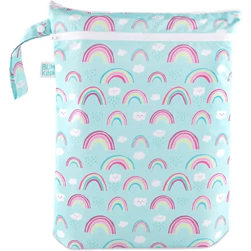Bumkins Waterproof Wet Dry Bag for Baby, Travel, Swim Suit, Cloth Diapers, Pump Parts, Pool, Gym Clothes, Toiletry, Strap to Stroller, Daycare, Zip Reusable Bag, Wetdry Packing Pouch, Rainbows Blue