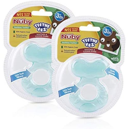 Nuby Silicone TeeThe-EEZ Teether with Bristles, Includes Hygienic Case, Aqua (Count of 2)