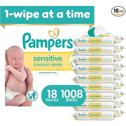 Pampers Sensitive Baby Wipes, Clinically Proven, Fragrance Free, Unscented, Water Based, Hypoallergenic, Multi-Use, Hand Wipes 1008 Wipes Total (18X Flip-Top Packs) [Packaging May Vary]