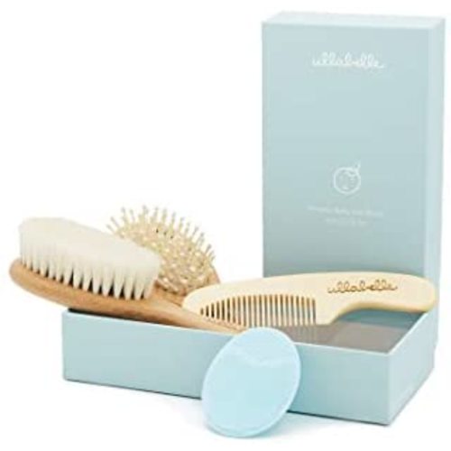 Ullabelle Wooden Baby Hair Brush & Comb Set for Newborns & Toddlers in Chic Gift Box, Ultra Soft Natural Goat Hair & Wood Baby Brush Set Prevents Cradle Cap, Perfect Registry Gift (Blue, 4 Brushes)