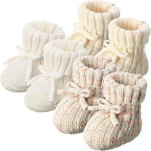 3 Pairs Knitted Baby Booties 0-6 Months Newborn Baby Shoes First Walkers Cozy Shoes for Infant Boy Girl