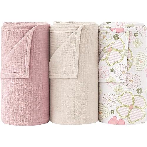 Bearmoss Muslin Swaddle Blankets 100% Cotton Large Baby Swaddle Blankets 47x47in, Super Soft Breathable Receiving Blankets for Unisex Baby Boys Girls (Pink Flower)