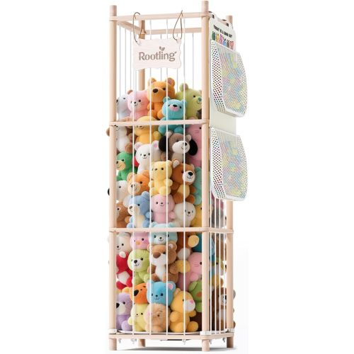 Large Stuffed Animal Storage & Organizer, 54 inch Tall Wooden Cute Zoo Toy Holder w/Building Block Storage Bag, Premium Wooden Material with Elastic Cord For Toddler Rooms, Playrooms & Bedrooms