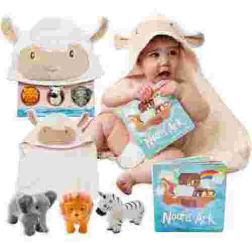 Tickle & Main Noahs Ark 5-Piece Baby Soft Play Animal Gift Set: Book, Hooded Towel, & 3 Squirt Toys for Toddlers & Kids