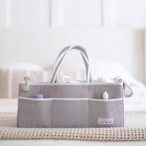 Lily Miles Baby Diaper Caddy - Organizer Tote for Infant Boy or Girl - Baby Shower Basket - Nursery Must Haves - Registry Favorites - Newborn Caddie Car Travel - Gray/Mint, Extra Large