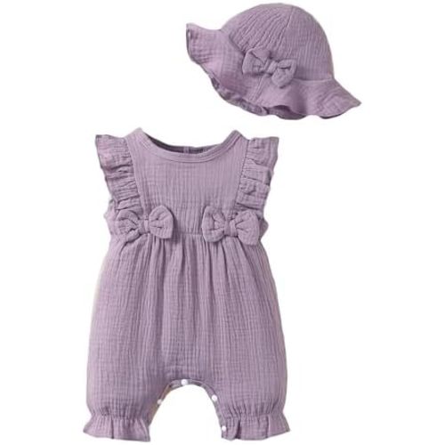 SUNNY PIGGY Ropa para bebé recién nacida, mameluco de verano sin mangas con sombrero, conjuntos lindos para bebés