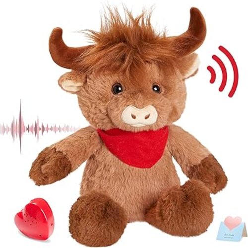 12.5" Heartbeat Highland Cow Recordable Stuffed Animals Voice Sweet Messages Recorder Soft Plush Toy Playback Your Words Birthday Gifts for Toddler Kids