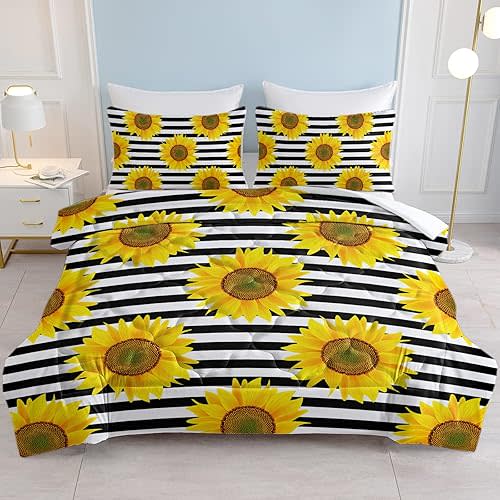 SOULZZZBlack Stripe Sunflower Floral Comforter Queen Black and White Stripe Vintage Sunflower Comforter Set Nature Botanical Sunflower Bedding 1 Comforter 2 Pillow Shams
