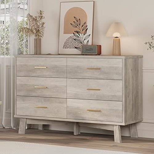 Dresser for Bedroom, 6 Drawer Wide Modern Chest of Drawers with X-Shaped Sturdy Base, Wood Double Dresser Closet Clothes Storage Organizer, Wooden TV Stand for Living Room, Hallway, Grey