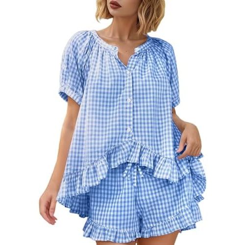 Yimoon Womens Gingham Pajamas Set Plaid Cotton Pj Set Puff Sleeve Ruffle Babydoll Shirt Shorts Summer 2 Piece Outfits
