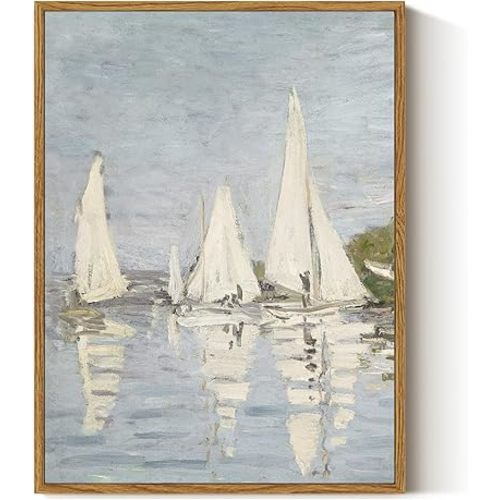 ARPEOTCY Vintage Framed Canvas Wall Art, 12x16inch, Farmhouse Summer Sailboat Wall Decor, Nautical Lake Art Prints Home Decorations, Seascape Paintings for Living Room Bedroom Office Decor