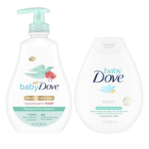 Dove Baby Sensitive Skin Care Bundle – Hypoallergenic Wash & Baby Lotion, Fragrance Free Moisture, Baby Gift Set, 13 Oz Ea (2 Piece Set)