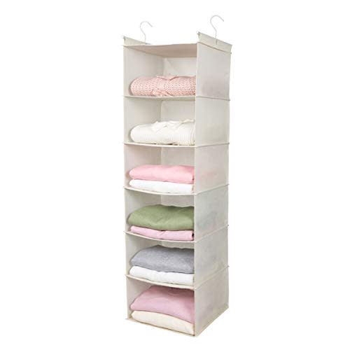MAX Houser 6 Tier Shelf Hanging Closet Organizer, Cloth Hanging Shelf with 2 Sturdy Hooks for Storage, Foldable (Beige)