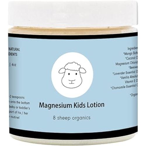 8 Sheep Organics Magnesium Lotion for Kids,Topical Magnesium Cream Helps Kids Stay Calm at Bedtime and During The Night, Magnesium Lotion - Without Melatonin, 4 oz