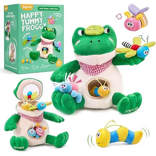 JoyCat Baby Toys 3-18 Months, Frog Montessori Toy Includes 4 Sensory Insects with Rattle, Crinkle, Squeaker & Baby Mirror for Tummy Time, Soft Stuffed Animal Toy for Infants Newborn Boy & Girl Gifts