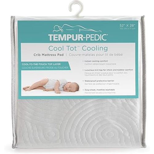 Tempur-Pedic Cool Tot Cooling Fitted Waterproof Infant and Baby Crib Mattress Protector Pad & Toddler Bed Cover, Comfortable and Luxurious Topper, Machine Washable and Dryer Friendly, 52” x 28”- White