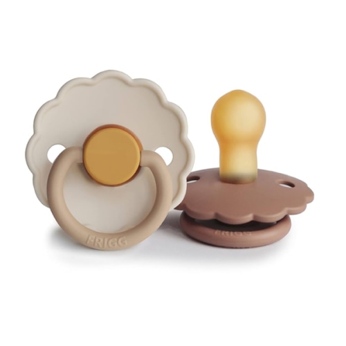 FRIGG Daisy Natural Rubber Baby Pacifier | Made in Denmark | BPA-Free (Chamomile/Peach Bronze, 0-6 Months) 2-Pack
