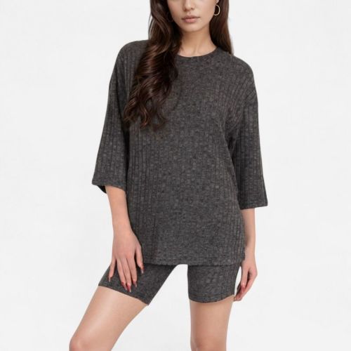Anna-Kaci Lounge Women's Ribbed Knit Lounge Set with 3/4 Sleeve Top and Fitted Shorts - Gray, Large