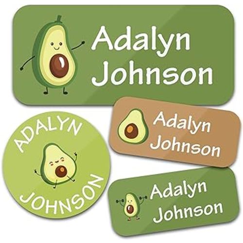 Personalized Daycare Name Labels (130 Labels) - Custom Waterproof Name Stickers for Clothing Tags, Water Bottles, Lunch Boxes and School Supplies (Avocados)