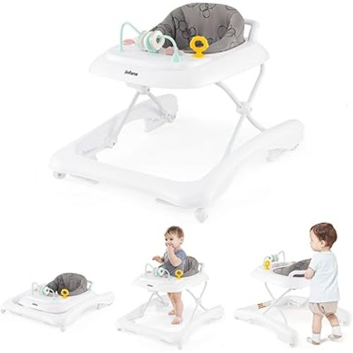 INFANS Foldable Baby Walker, 3 in 1 Toddler Leaning-Seated Walk-Behind with Adjustable Height, Push Handle, Washable Seat Cushion for Boys and Girls (Gray)