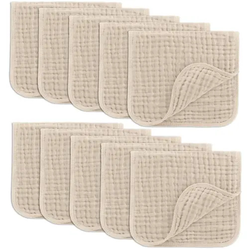 Comfy Cubs Muslin Burp Cloths 20" x 10", Pack of 10 - Large, 6-Layer, Ultra Absorbent 100% Cotton for Baby Drool and Messes - Soft, Safe & Gentle Baby Burp Cloths for Boys & Girls - Sand