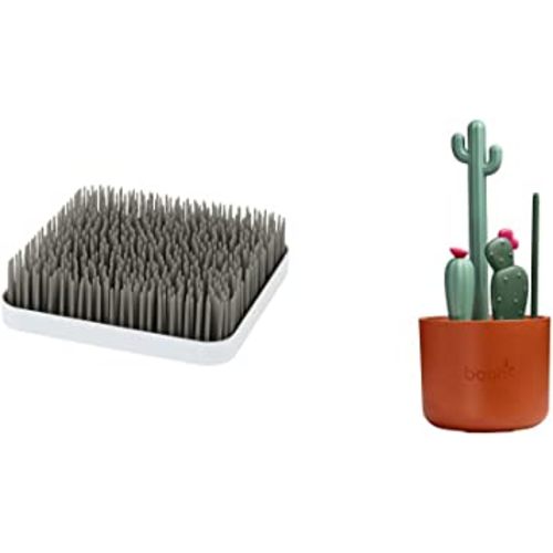 Boon Grass Countertop Baby Bottle Drying Rack (Gray) + Boon Cacti Bottle Cleaning Brush Set (Terracotta, 4 Piece Set)