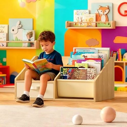 FKWin Kids Bookshelf with Seat - Forward-Facing Book Shelf for Kids Rooms,Nursery Bookcase with 5-Tier Montessori Shelf,Wooden
