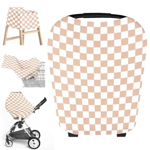 Little Jump Multi-use Baby Carseat Cover, Breathable Nursing Cover, High Stretchy Infant Carseat Canopy, Stroller Cover, Car Seat Covers for Bbies, Boys & Girls (Cream Checkered)