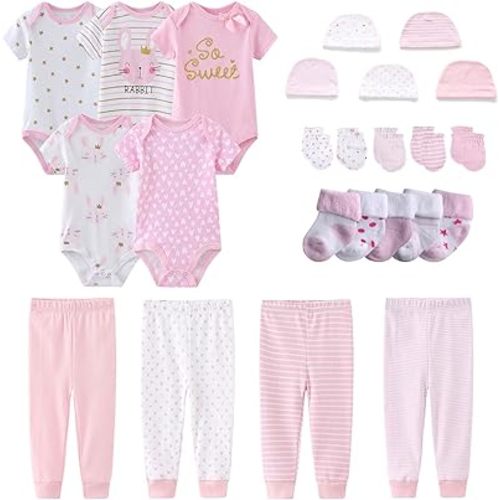 Newborn Layette Gift Set Bodysuits Pants for Baby Girl and Boy 24 Piece 100% Cotton Essentials and Accessories - 3-6 Months - Infant Clothing Layette Sets 07
