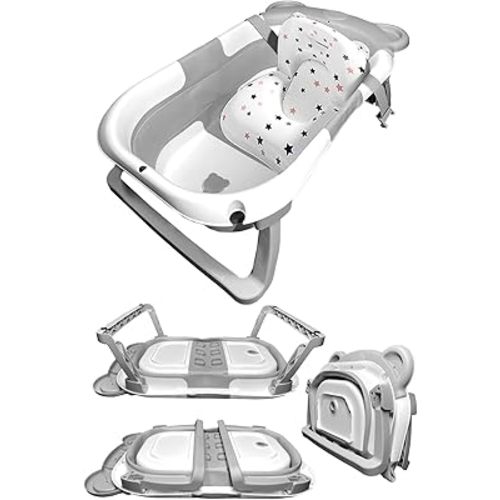 Collapsible Baby Bathtub with Floating Cushion, Foldable Infant to Toddler Bath Tub (0-36 Months), Portable Travel Shower Tub for Newborns