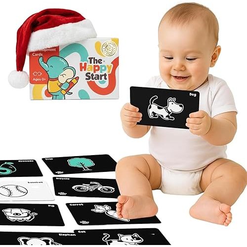 Happy Start High Contrast Baby Cards for Newborns - Black & White Cards, Water-Resistant, BPA-Free, Portable Educational Flashcards for Visual Stimulation, Award-Winning, Ages 0+ (English)