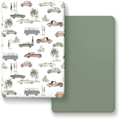 GRSSDER Pack n Play Sheets Fitted 2 Pack, Stretchy Ultra Soft Jersey Knit Pack and Play Sheets, Universal Fitted Portable/Mini Crib Mattresses Snug and Safe, Neutral Pattern of Cars Print