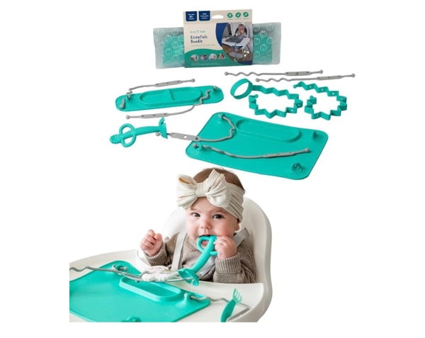 BUSY BABY Essentials Bundle New Parent Starter Kit - Suction Placemat, Mini Mat, Teether Spoon, Toy Bungee, Bottle Bungee, 6 Tether Straps, Wet Bag (Spearmint)