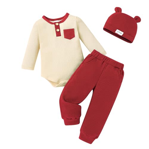 Happy Town Newborn Baby Boy Clothes Waffle Knit Long Sleeve Romper Solid Color Pants Set with Hat Infant Fall Winter Outfit