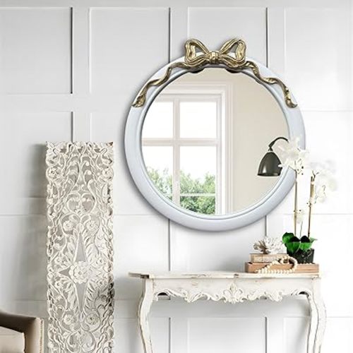 28x28 inch Gold and White Bow Mirrors for Wall, Round/Circle God Decorative Wall Mounted Mirror, Irregular Mirrors Suitable for Bedroom, Hallway, Living Room Decoration, Nursery, Girls Room