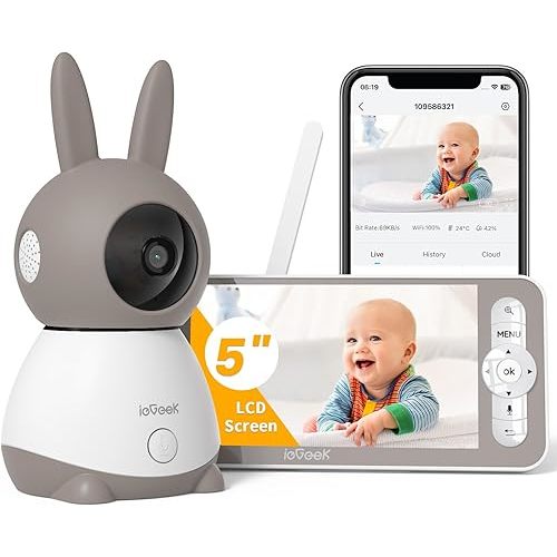 ieGeek 2K Baby Monitor (Moniteur Bébé), 360° AI & Cry Detection Video Baby Monitor Camera w/ 5" Wireless Display, Mobile APP Control & Non WiFi LCD Monitor,2 Way Audio, Temperature,Lullabies