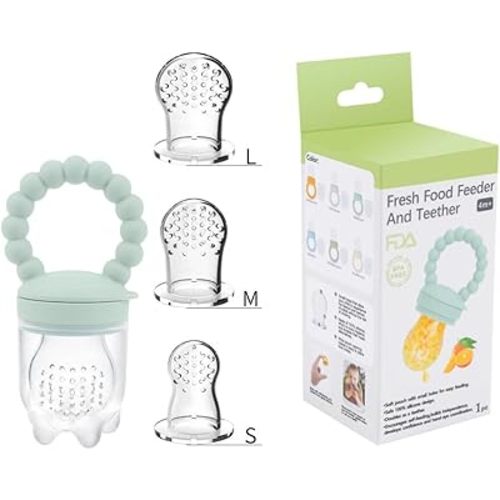 Baby Fresh Fruit Feeder Pacifier with Silicone Teether Fruit Pacifier Including 3 Pouches Different Sizes (Pink)
