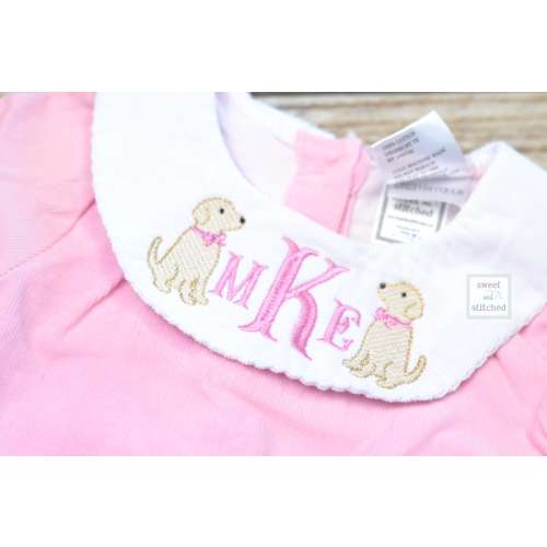 Baby girl monogrammed bishop bubble in pink corduroy with puppy design, 1st birthday puppy outfit, puppy dog cake smash outfit