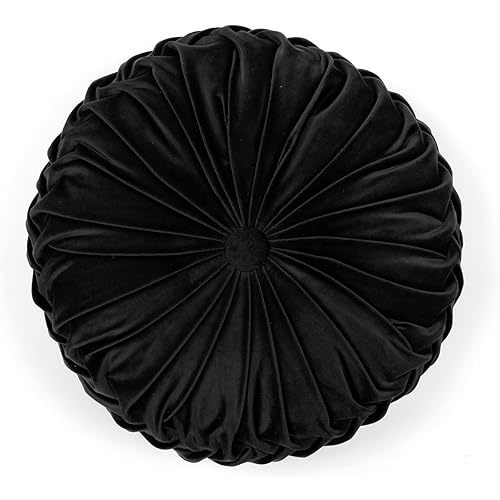 Lush Decor Round Pleated Soft Velvet Decorative Throw Pillow, 1 Count, 15" Diameter, Black - Plush Round Pillow, Seat Cushion, Decorative Pillows For Bed, Couch, Or Chair