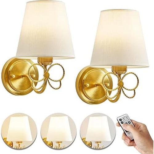 Mesuz Battery Operated Wall Sconces Lights Set of Two Remote Control, Antique Brass Bow Sconces Rechargeable Battery Powered Wall Lights Dimmable LED 2700K-6000K 16 Color Temperatures