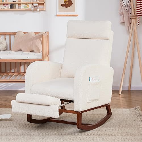 Rocking Chair Nursery Chair with Foot Rest, Glider Rocking Chair with Pocket, Nursery Rocking Chairs with High Back, Baby Nursery Glider Rocker, Nursing Chair Accent Living Room (Teddy, Ivory)