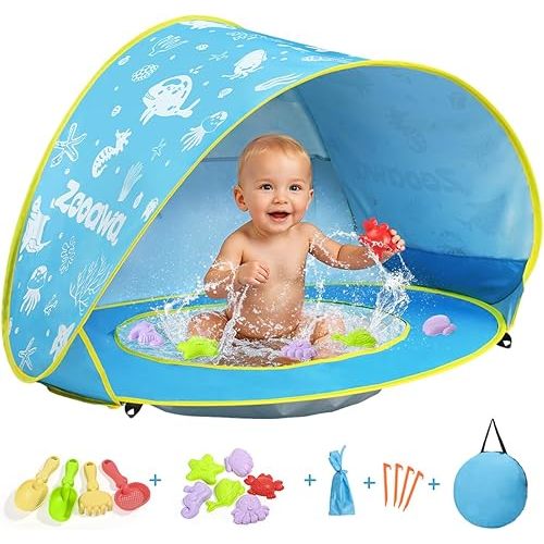 Zooawa Baby Beach Tent, Pop Up Beach Tent Sun Shade for Beach, Portable Shade Pool UV Protection Sun Shelter for Infant with Beach Sand Toys Set