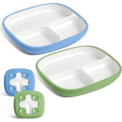 Domensi 2 Set Kids Porcelain Plates with Silicone Sleeves 8.2 Inch Divided Porcelain Plate Toddler White Suction Dishes for Baby Troubleless Eating Microwave Dishwasher Safe (Vivid)
