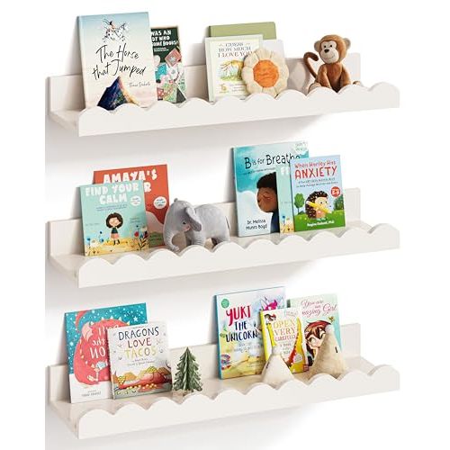 G&W Gruwald Nursery Book Shelves, Set of 3, Nursery Decor for Baby and Toddler, Scalloped Shelves, Book Shelf for Kids Rooms, Wall Book Shelf for Bedroom Kids