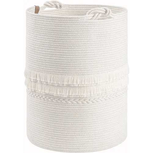 CherryNow Baby Laundry Hamper for Nursery, Tall Basket for Laundry Room, White Woven Storage Basket for Clothes, Toys, Towels, 16 x 22 inches, 69L