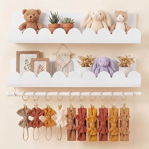 Qunclay Nursery Floating Shelves Headband and Bow Holder with Rod Wall Mounted Wood Shelves Nursery Decor for Wall Home Organization Kitchen Living Room Storage Decor(2-Tier,White)
