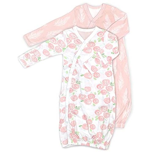 Cambria Baby 100% Organic Kimono Gowns. Side Snaps with Built in Mitts. (0-6 Months, Roses and Feathers)