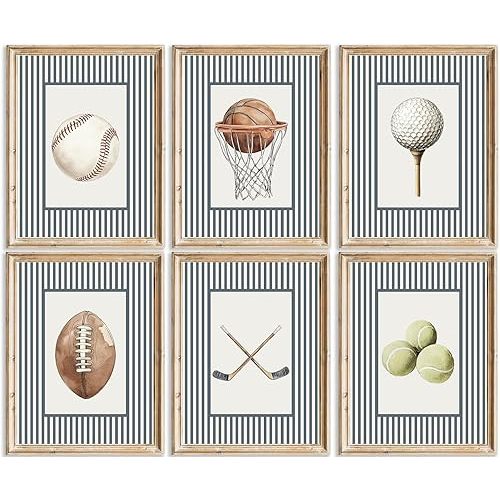 Nursery Sports Wall Art Toddler Boys Room Canvas Wall Decor Vintage Sports Themed Prints Baseball Football Pictures Golf Basketball Tennis Posters Artwork for Kids Playroom Bedroom 8x10x6 In Unframed